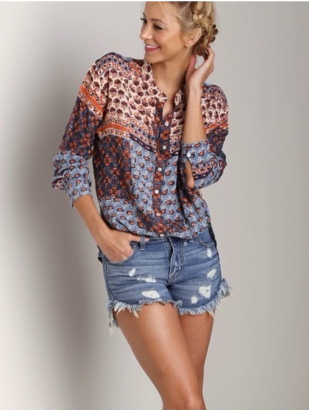 Free People Caravan Patchwork Print Floral Button Down Shirt Size Medium